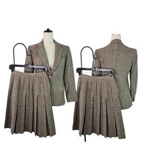 Evan Picone Brown Cream Wool Tweed Pleated Skirt Jacket Blazer Set Vintage Small